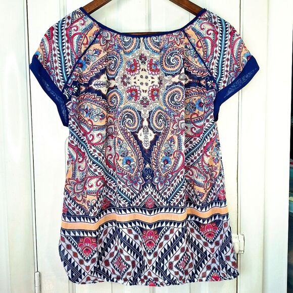 John Paul Richard Boho Bohemian Paisley Peasant Blouse Short Sleeves Sz M - Picture 5 of 11
